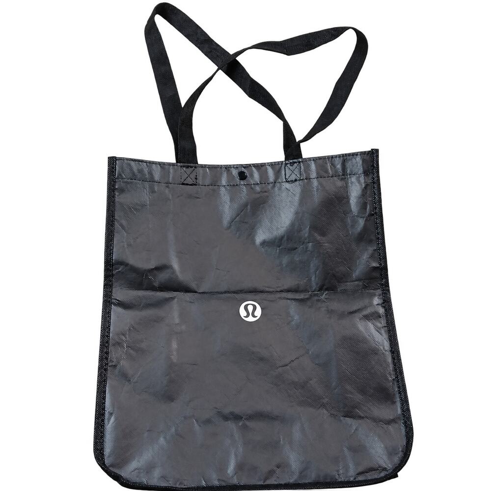 Lululemon Large Reusable Shopping Tote Bag Black White Logo Snap Closure